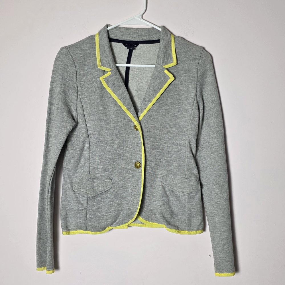 Tommy Hilfiger Grey Knit Blazer Jacket Large Neon Yellow Trim Preppy Gold Button